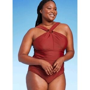 Kona Sol Ring Crossover Ruched Full Coverage One Piece Swimsuit